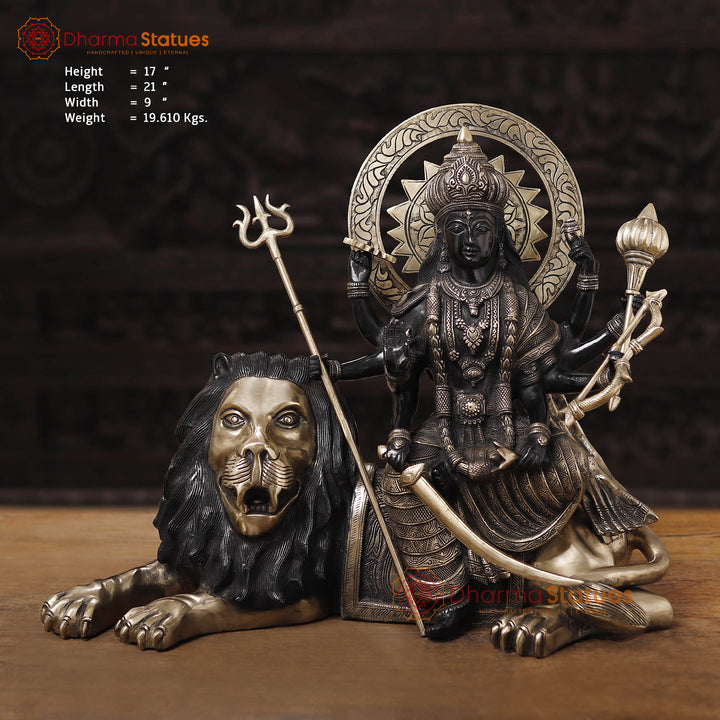 Brass Durga Maa Figurine, Durga is Sitting on the Lion. 17"
