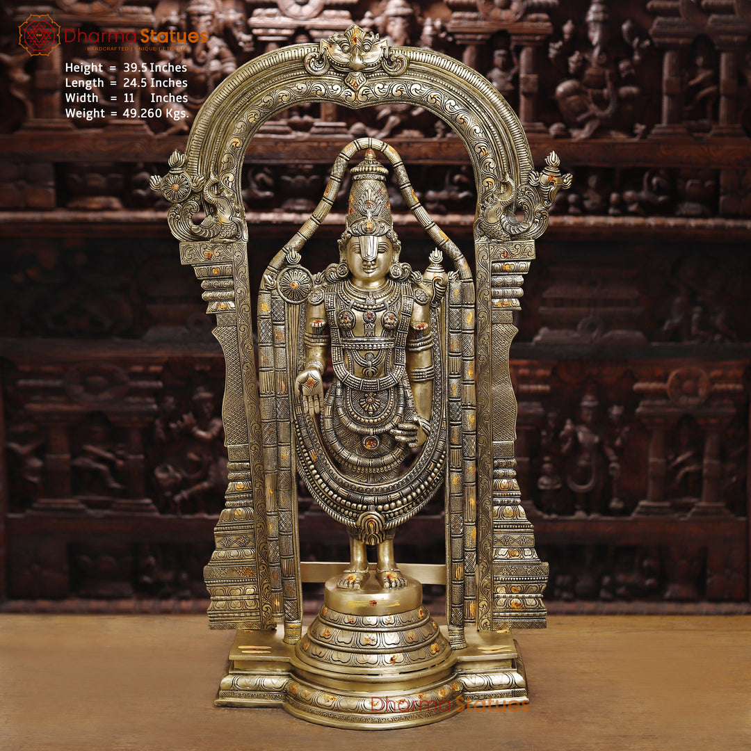 Tirupati Balaji Brass Statue- Handcrafted Golden Fine work 39.5" Front View