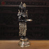 Brass Deep Lakshmi Idol, Lakshmi Holding a Diya Lamp, Black Golden Finish, 30.5"