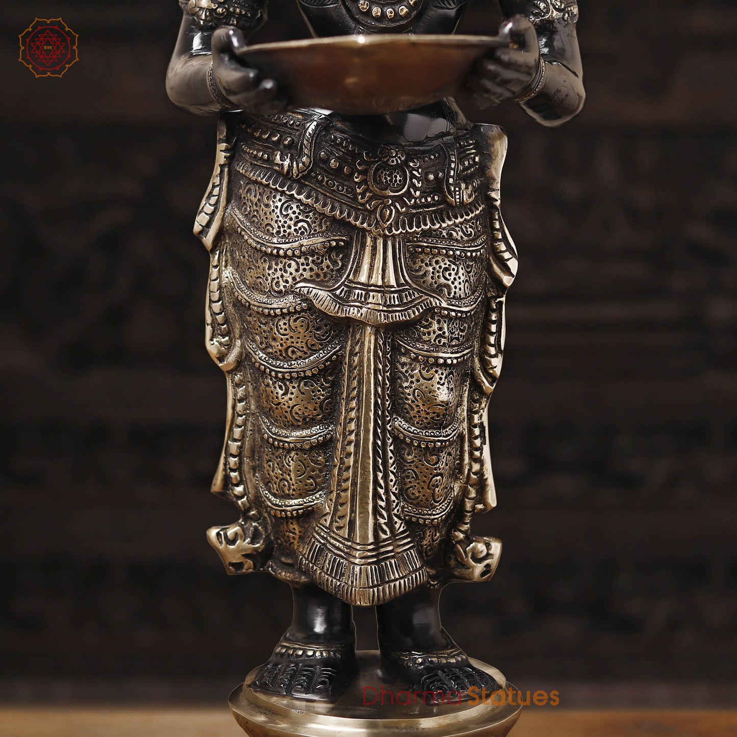 Brass Deep Lakshmi Idol, Lakshmi Holding a Diya Lamp, Black Golden Finish, 30.5"