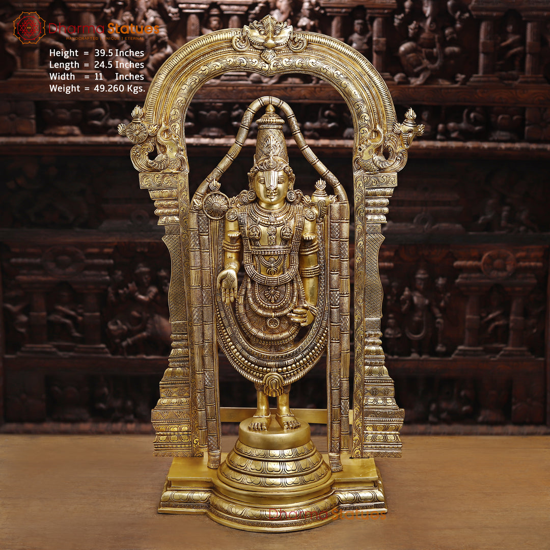 Tirupati Balaji Brass Statue- Handcrafted Golden Fine work 39.5" Front View