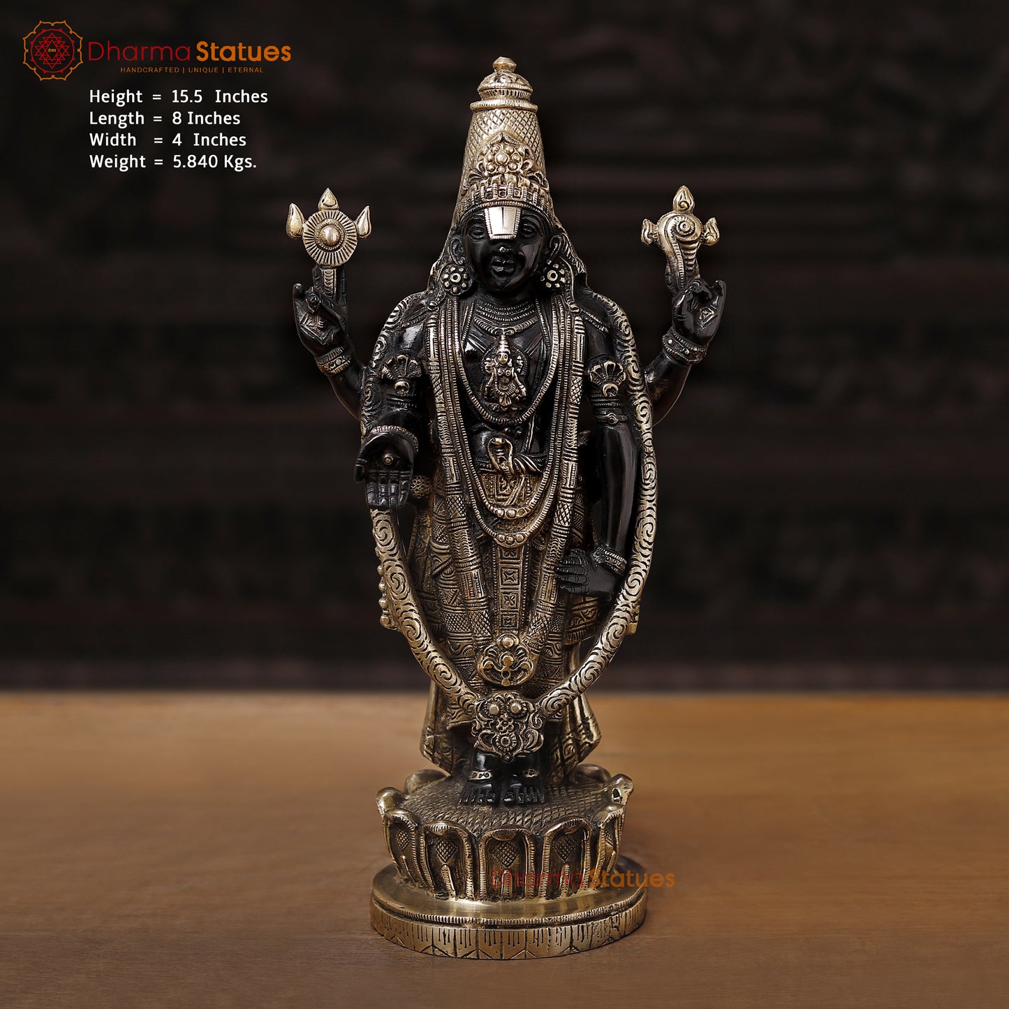 Brass Tirupati Balaji. Venkateswara Idol is Crafted with Great Painstaking Work. 15.5" Front View