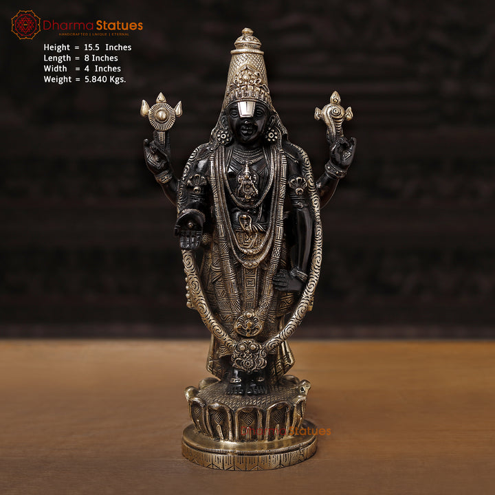 Brass Tirupati Balaji. Venkateswara Idol is Crafted with Great Painstaking Work. 15.5" Front View