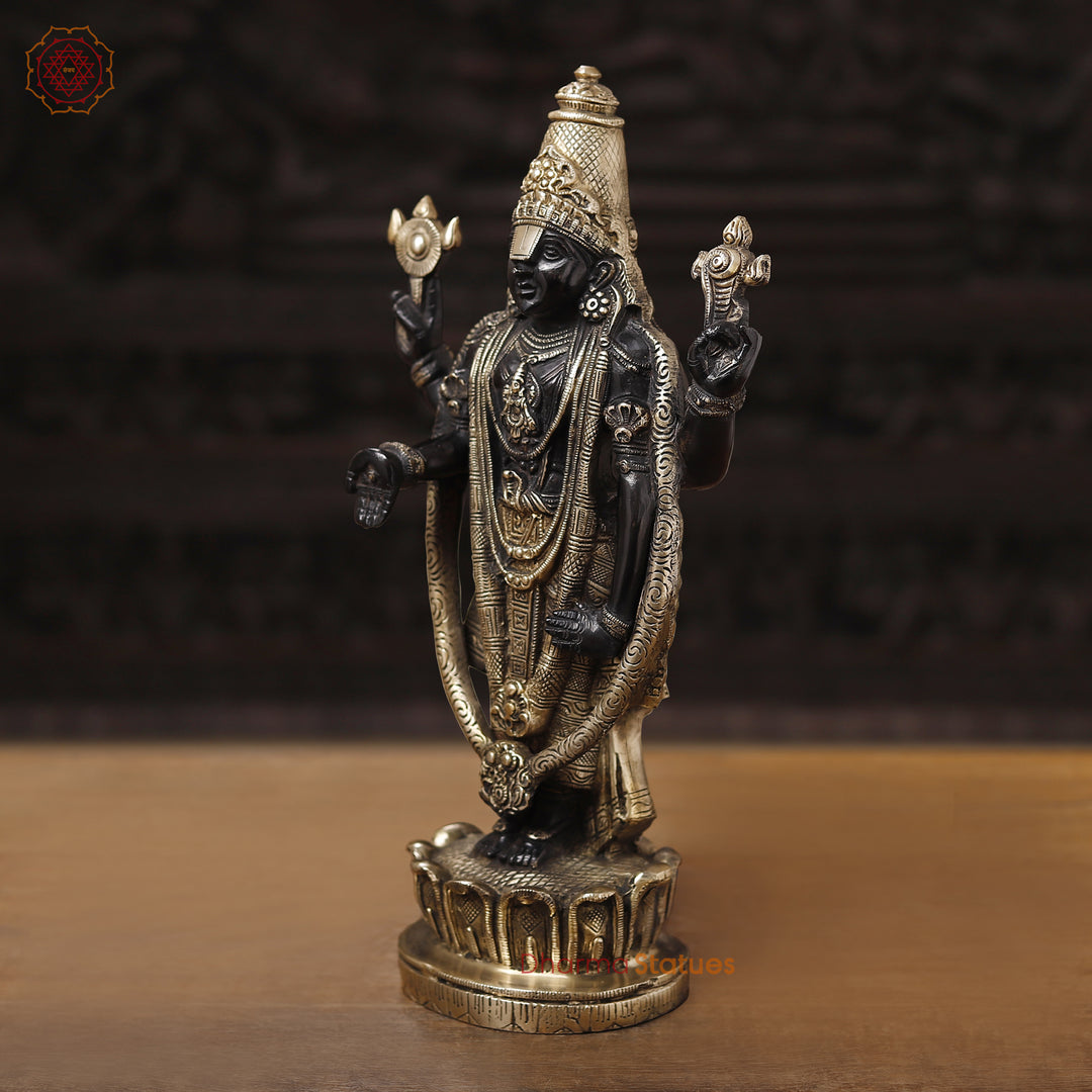 Brass Balaji Standing on Lotus Base, Fine Craftsmanship, Black & Gold Finish 15.5"