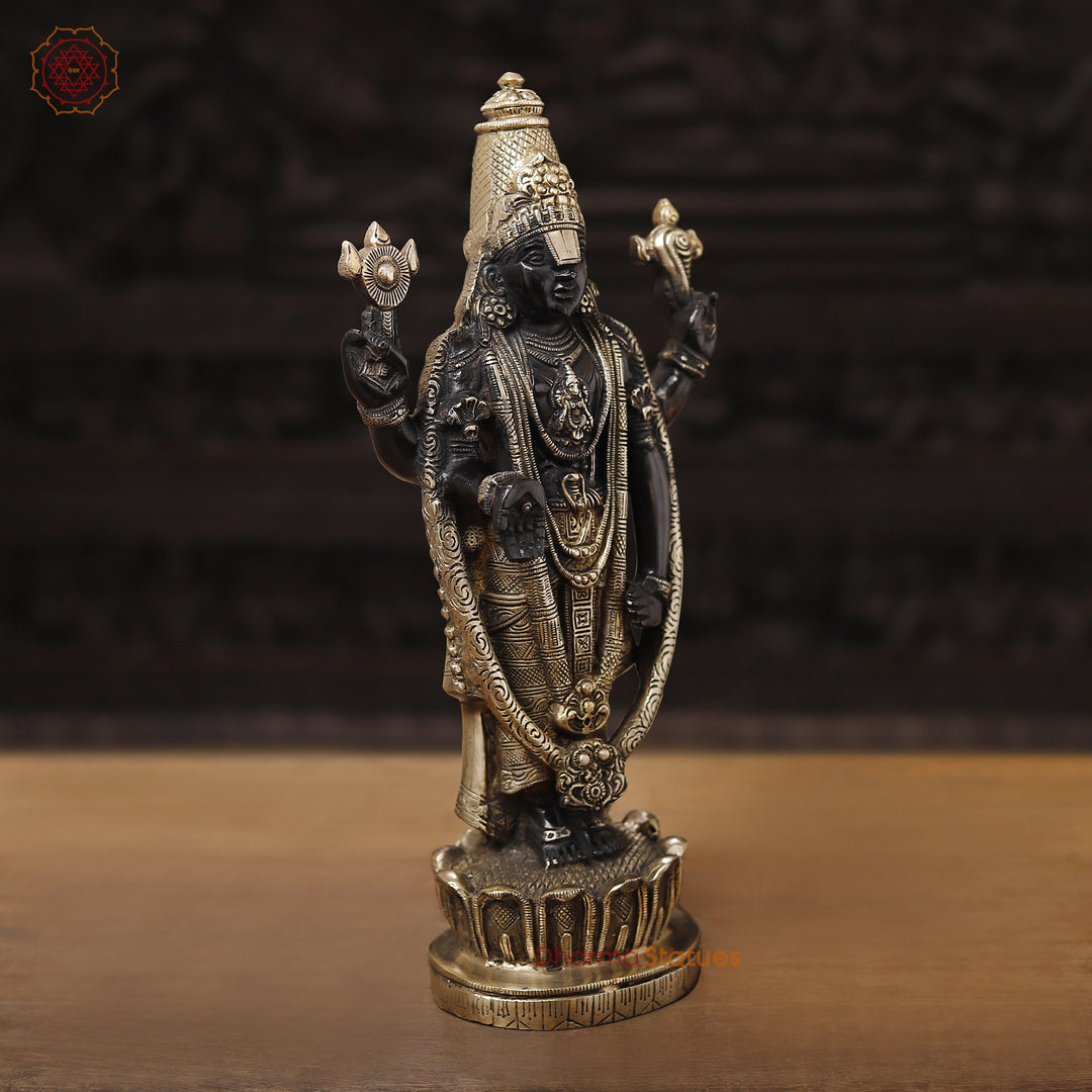 Brass Balaji Standing on Lotus Base, Fine Craftsmanship, Black & Gold Finish 15.5"