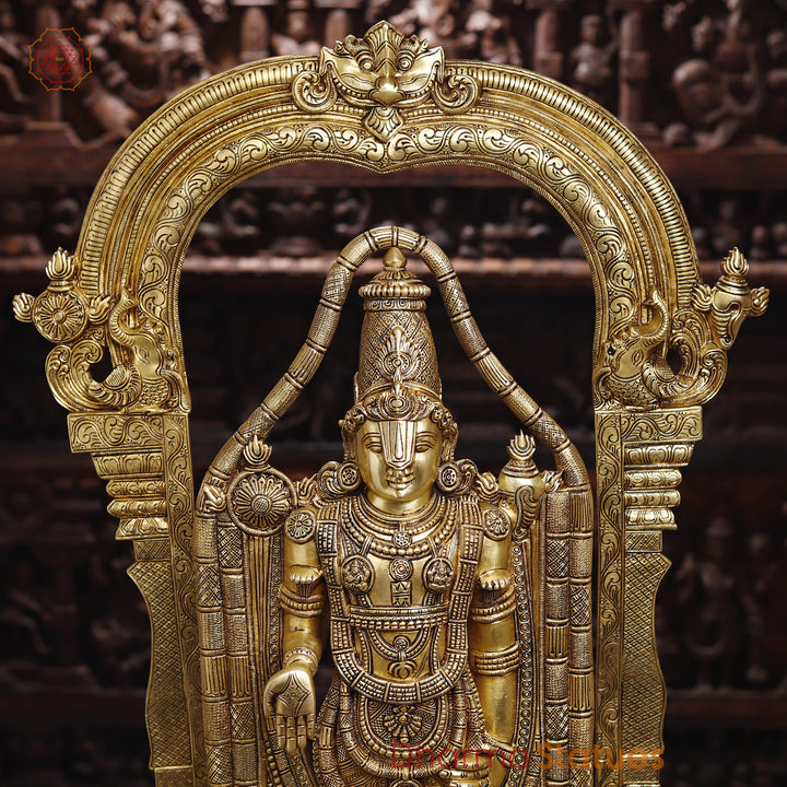 Brass Balaji Statue Fine Work, Crafted by Artist in Thanjavur (Masterpiece), Special Gold Finish  39.5"