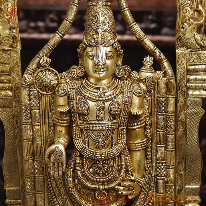 Brass Balaji Statue Fine Work, Crafted by Artist in Thanjavur (Masterpiece), Special Gold Finish  39.5"