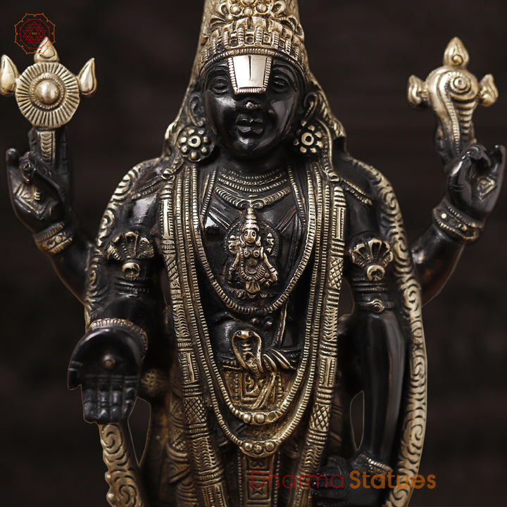 Brass Balaji Standing on Lotus Base, Fine Craftsmanship, Black & Gold Finish 15.5"