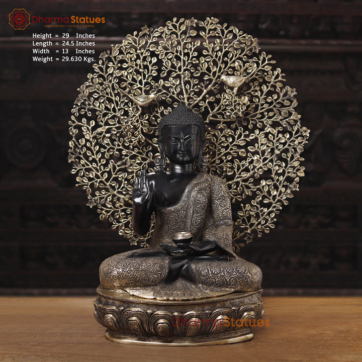 Brass Buddha with Bodhitree, Black and Gold, 29" Front View