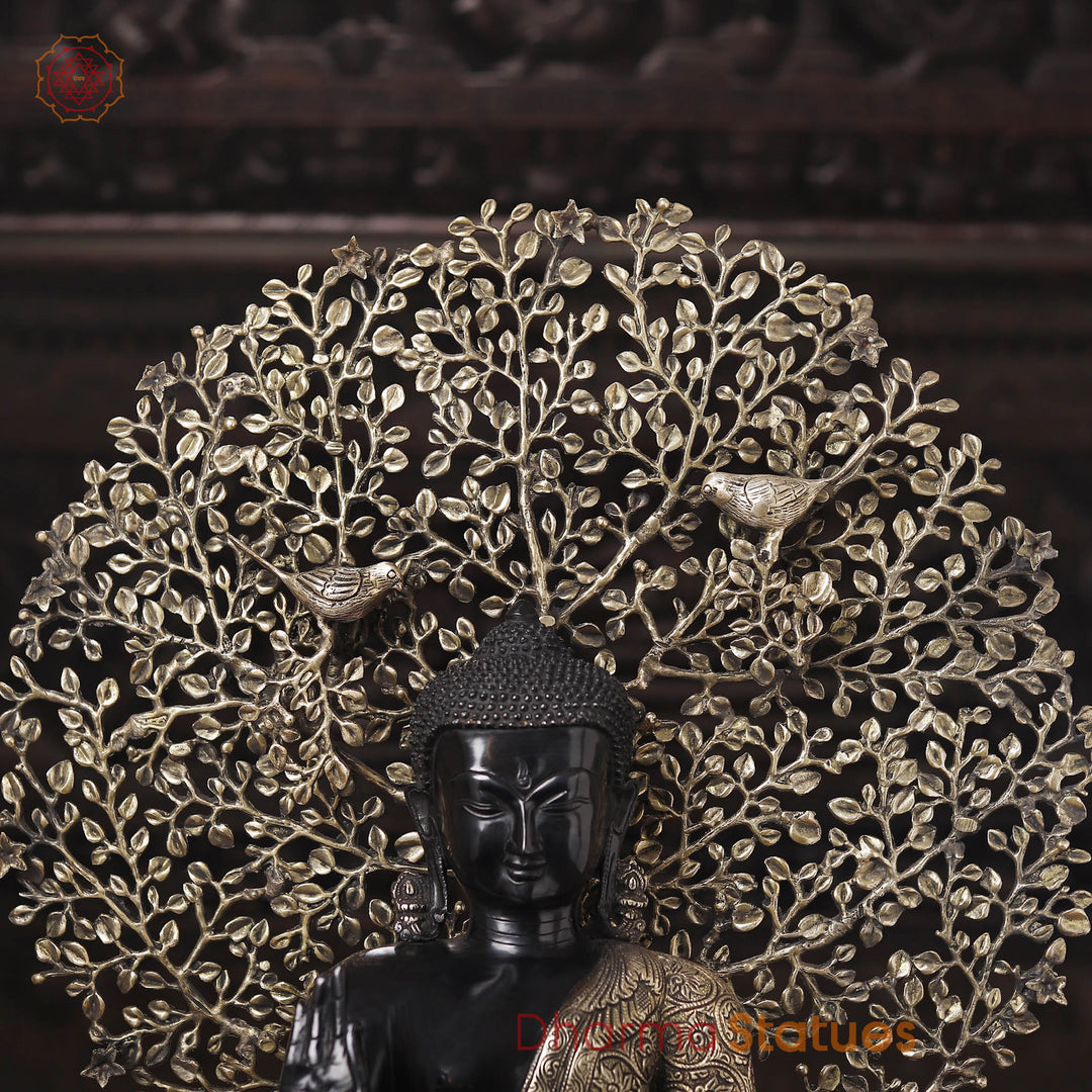 Brass Buddha Idol, Flower Carving, Black Patina and Gold Finish 29"