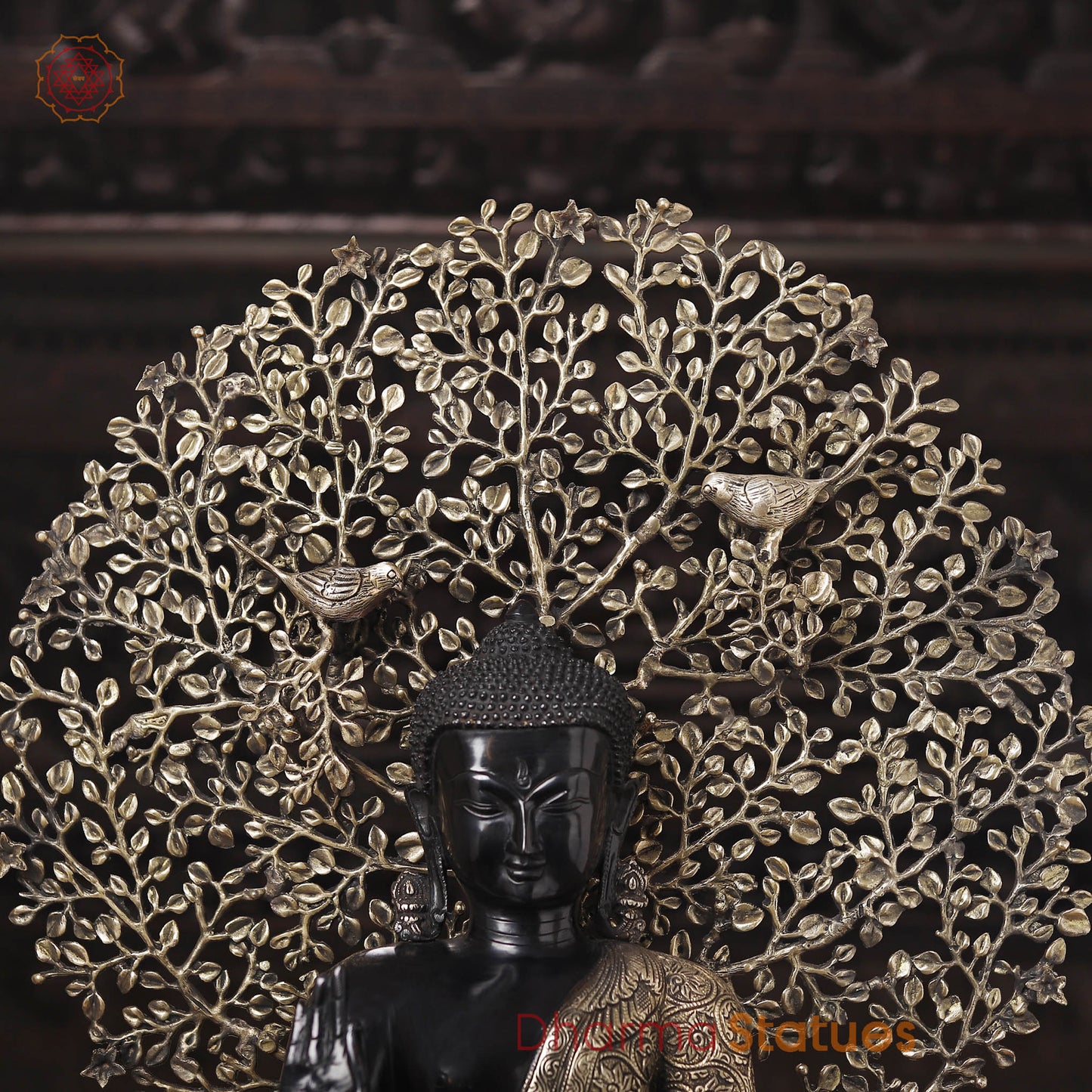 Brass Buddha Idol, Flower Carving, Black Patina and Gold Finish 29"