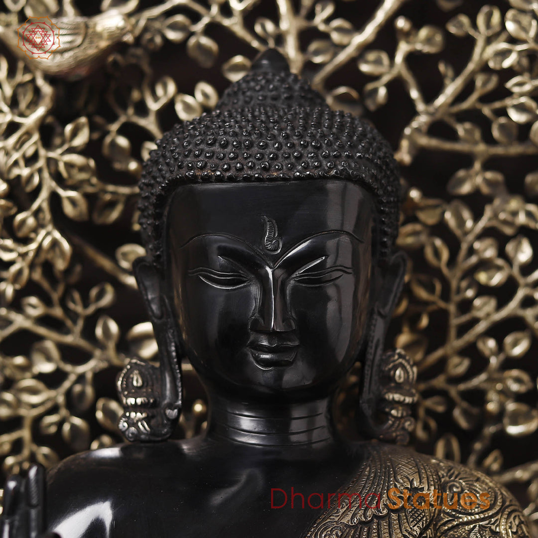 Brass Buddha Idol, Flower Carving, Black Patina and Gold Finish 29"