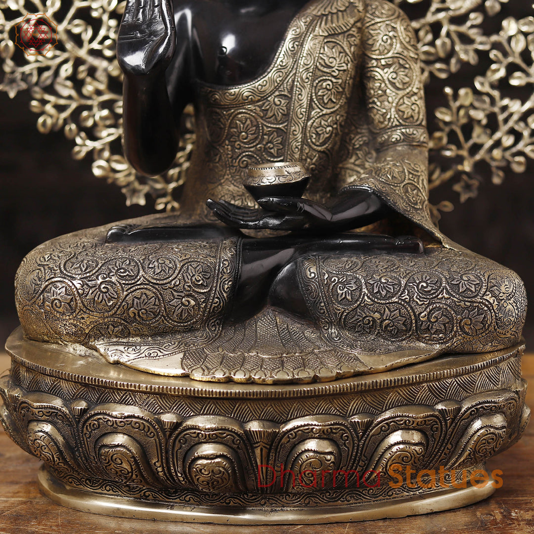 Brass Buddha Idol, Flower Carving, Black Patina and Gold Finish 29"