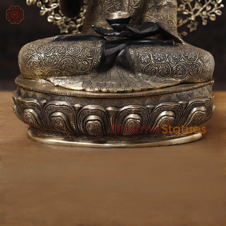 Brass Buddha Idol, Flower Carving, Black Patina and Gold Finish 29"