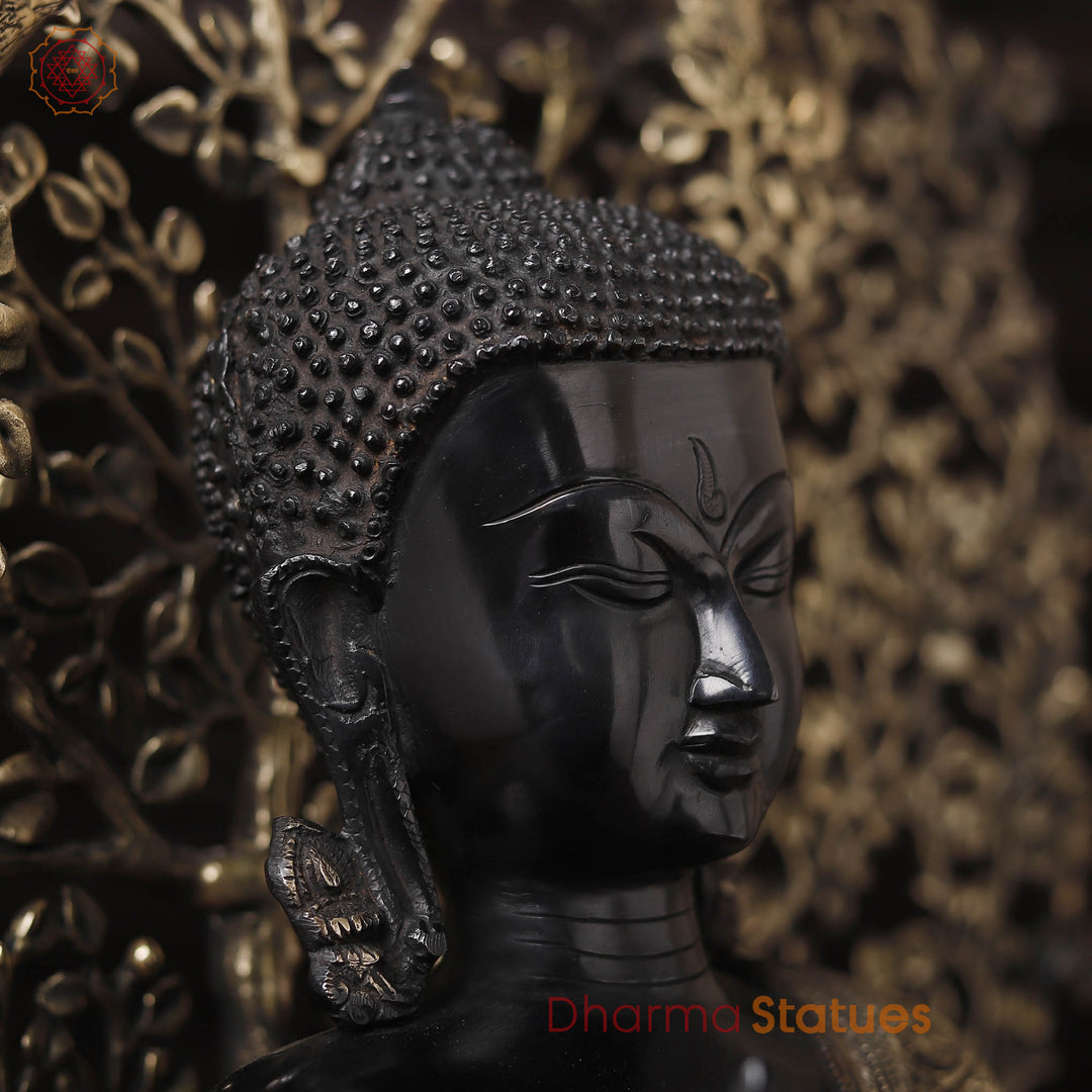 Brass Buddha Idol, Flower Carving, Black Patina and Gold Finish 29"