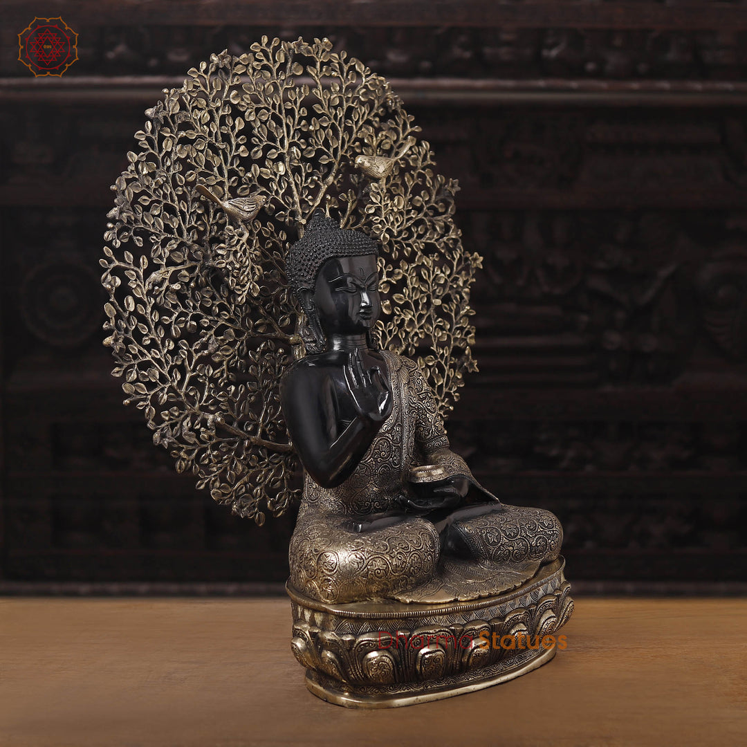 Brass Buddha Idol, Flower Carving, Black Patina and Gold Finish 29"