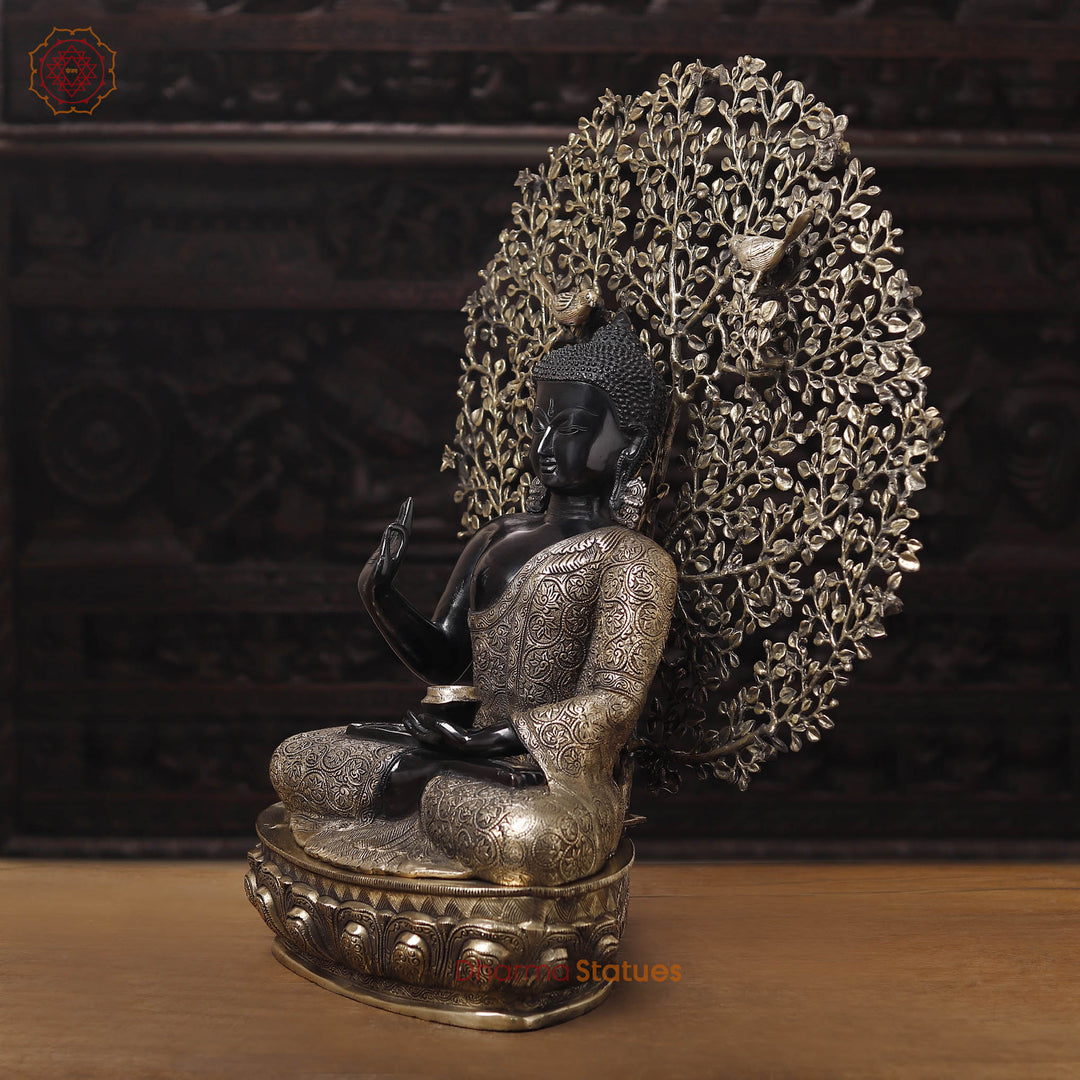 Brass Buddha Idol, Flower Carving, Black Patina and Gold Finish 29"