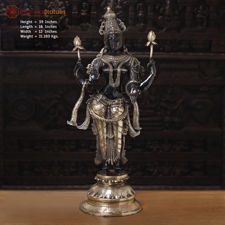 Brass Lakshmi Idol- Handcrafted, Black Patina and Golden Finish 39"