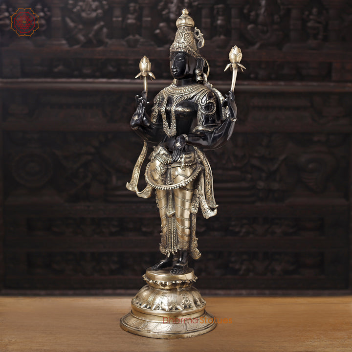 Brass Lakshmi Idol- Handcrafted, Black Patina and Golden Finish 39"