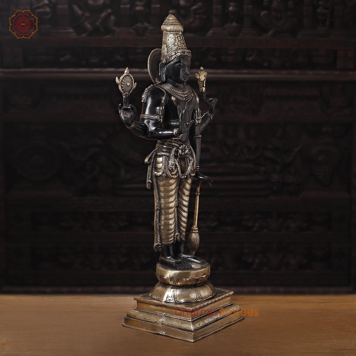 Brass Vishnu Idol, Divine Craftsmanship, Black Patina with Gold Finish, 37"