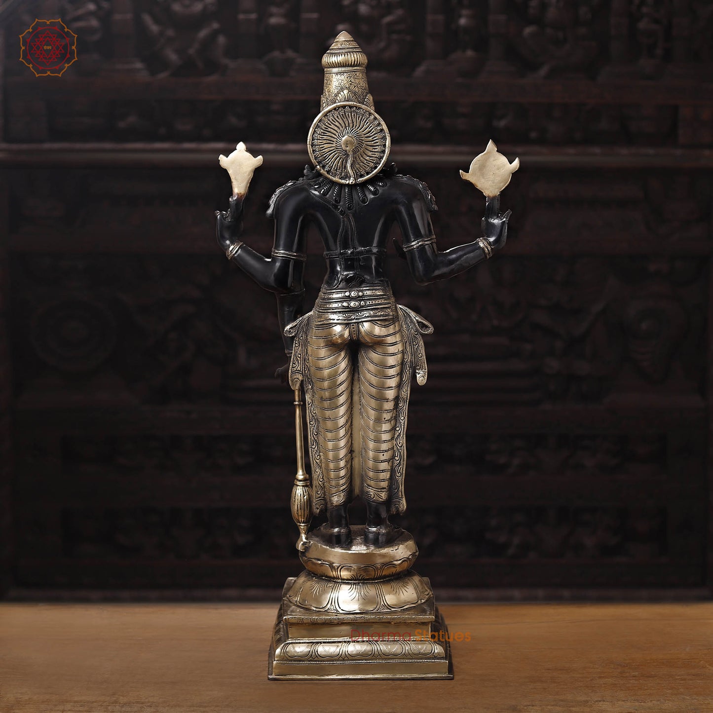 Brass Vishnu Idol, Divine Craftsmanship, Black Patina with Gold Finish, 37"