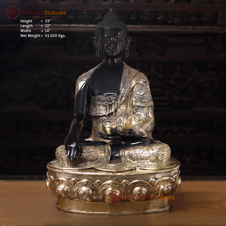 Brass Buddha Idol, Seated on a Lotus, Black Patina and Golden Finish 33" Front View