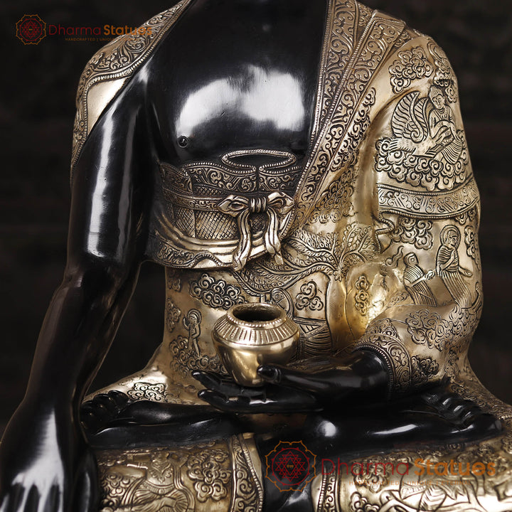 Brass Buddha Idol, Seated on a Lotus, Black Patina and Golden Finish 33"