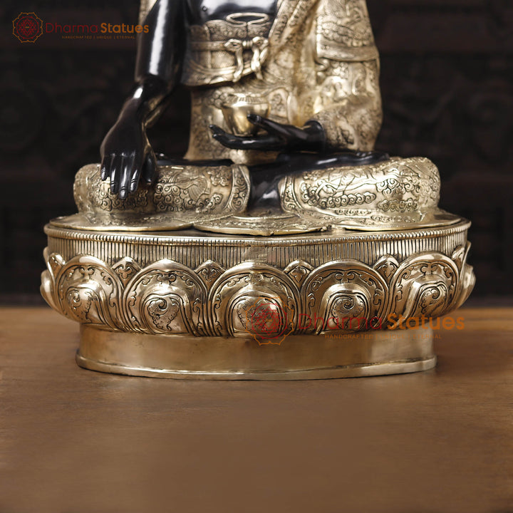 Brass Buddha Idol, Seated on a Lotus, Black Patina and Golden Finish 33"