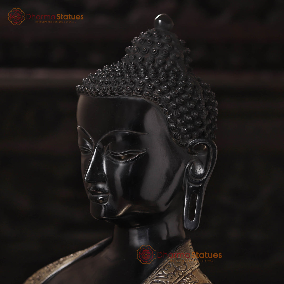 Brass Buddha Idol, Seated on a Lotus, Black Patina and Golden Finish 33"