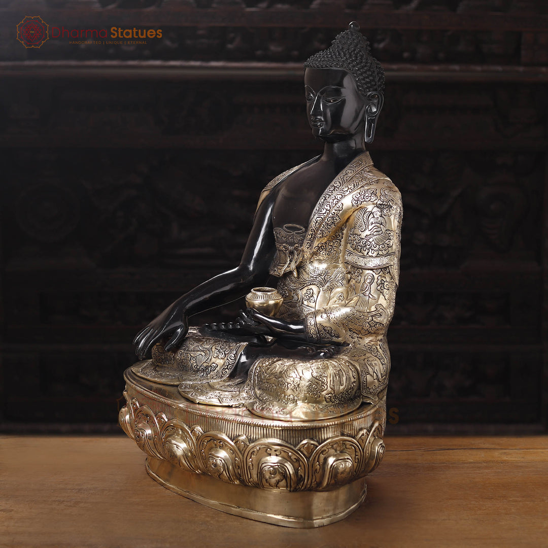 Brass Buddha Idol, Seated on a Lotus, Black Patina and Golden Finish 33"