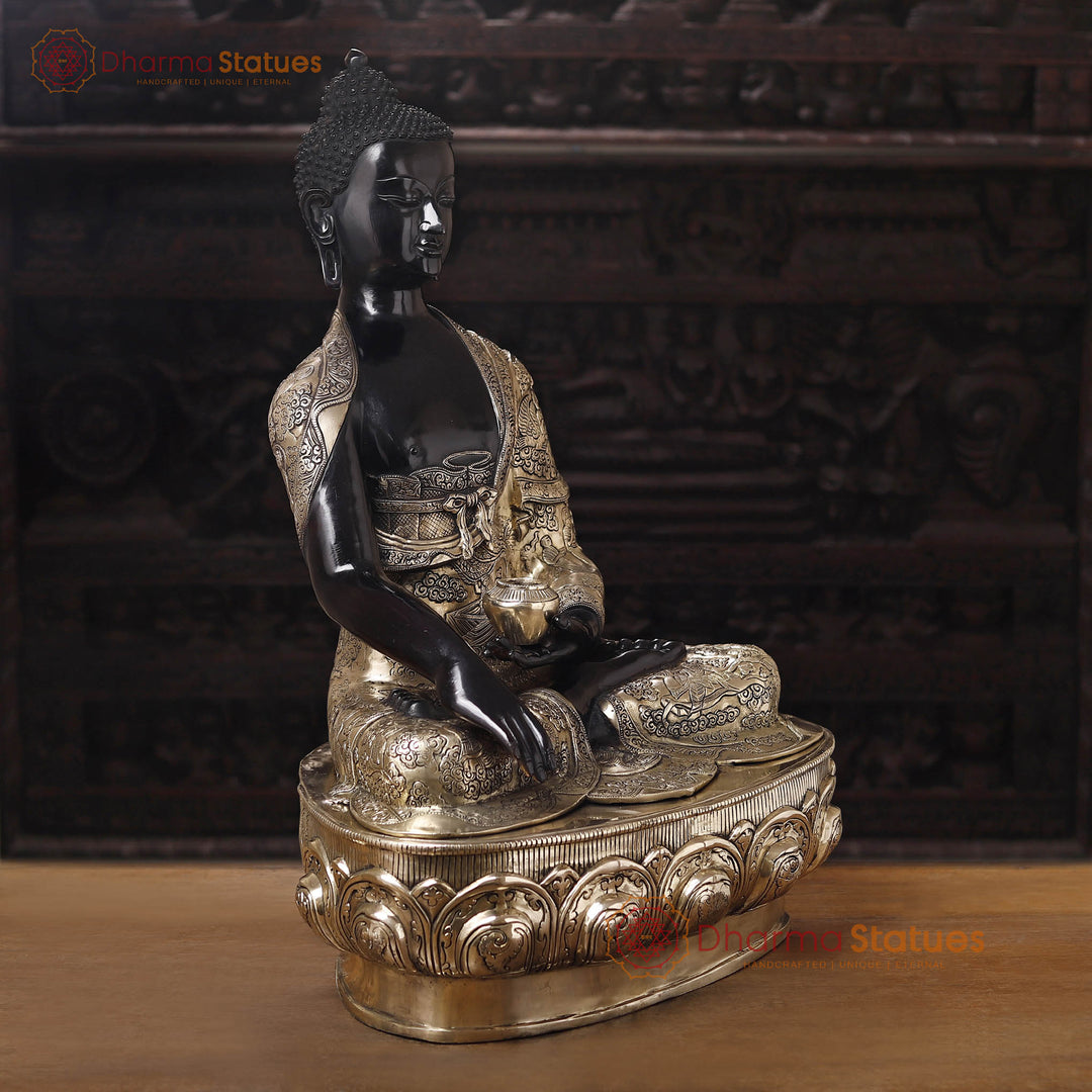 Brass Buddha Idol, Seated on a Lotus, Black Patina and Golden Finish 33"