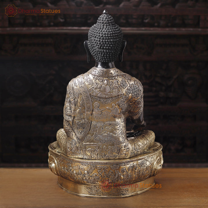 Brass Buddha Idol, Seated on a Lotus, Black Patina and Golden Finish 33"