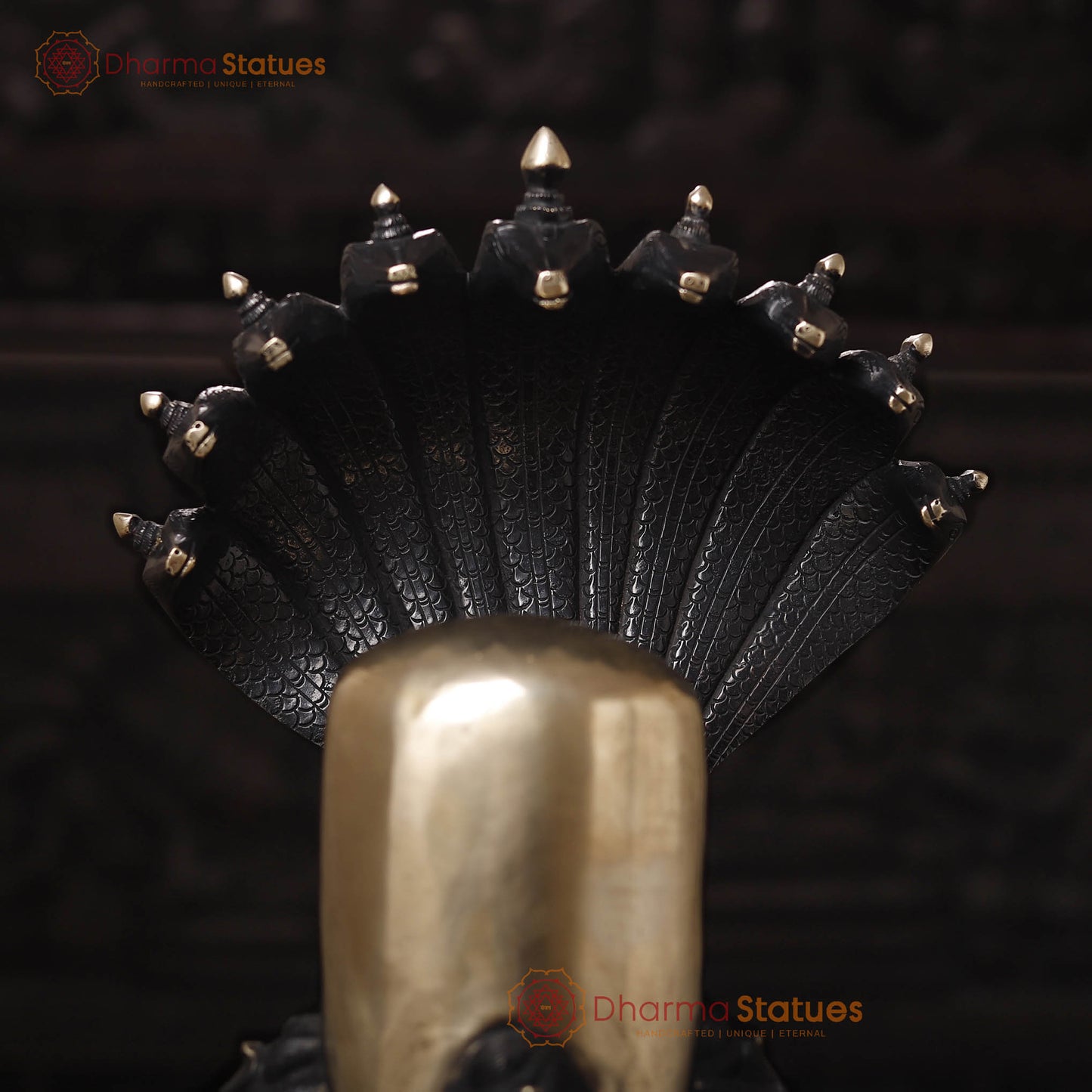 Brass Shiv Lingam Idol with Vasuki and Shiva's Face, Divine Triad, Black Patina, 25"