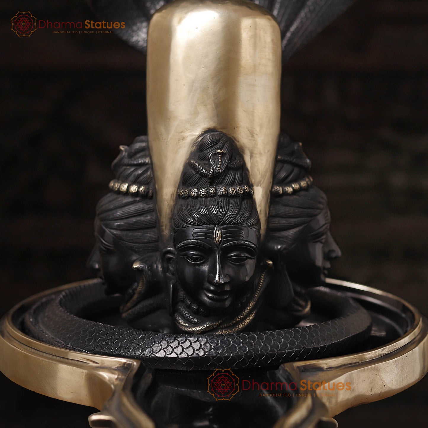Brass Shiv Lingam Idol with Vasuki and Shiva's Face, Divine Triad, Black Patina, 25"