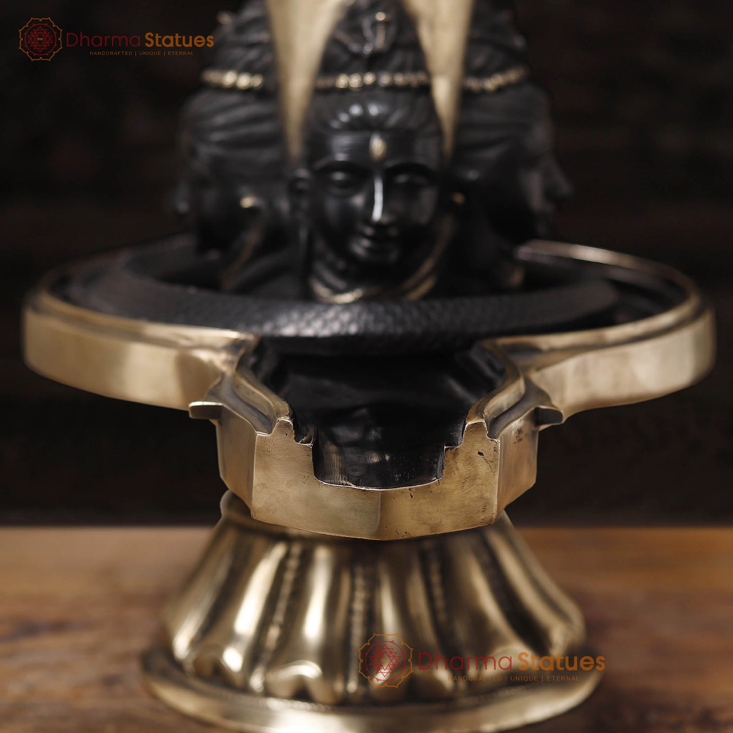 Brass Shiv Lingam Idol with Vasuki and Shiva's Face, Divine Triad, Black Patina, 25"