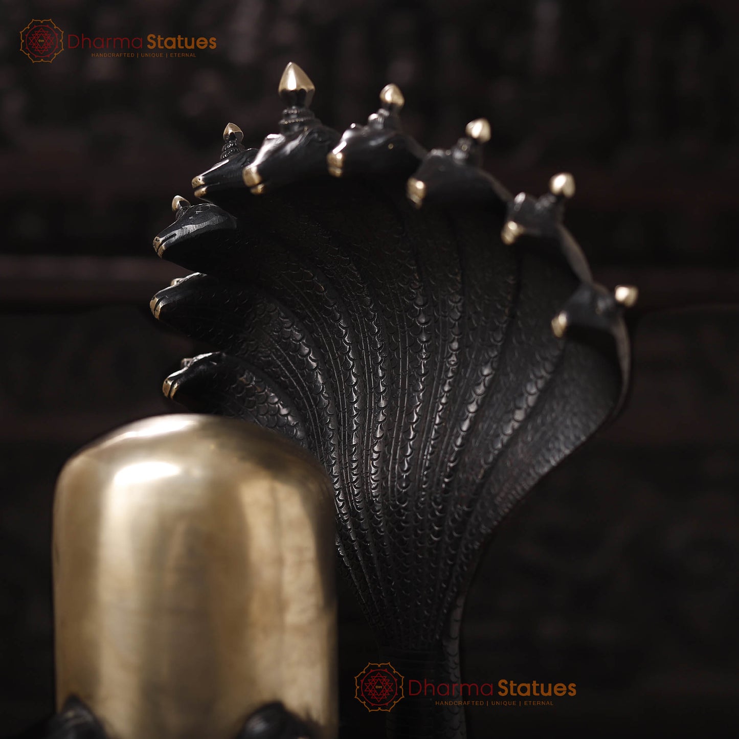 Brass Shiv Lingam Idol with Vasuki and Shiva's Face, Divine Triad, Black Patina, 25"