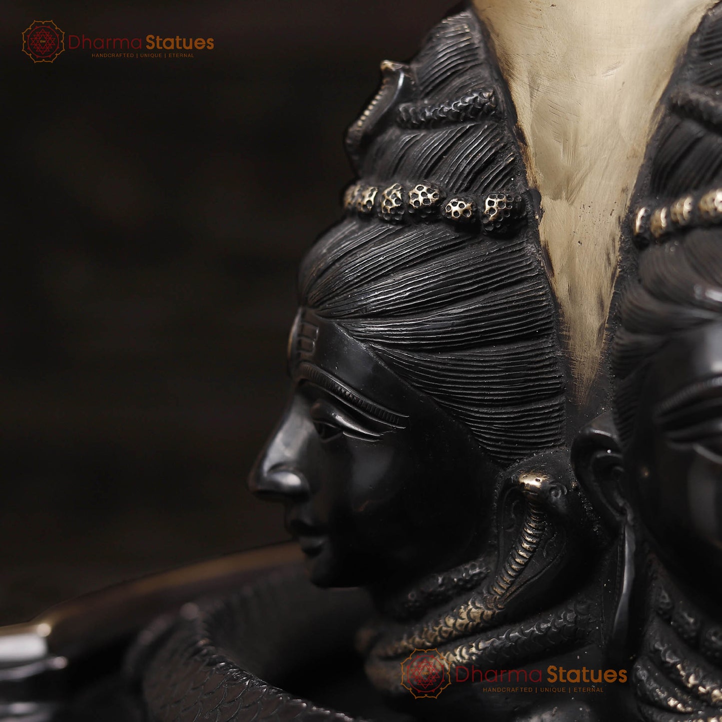 Brass Shiv Lingam Idol with Vasuki and Shiva's Face, Divine Triad, Black Patina, 25"