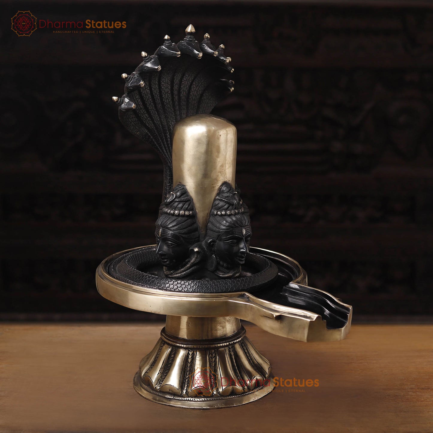 Brass Shiv Lingam Idol with Vasuki and Shiva's Face, Divine Triad, Black Patina, 25"