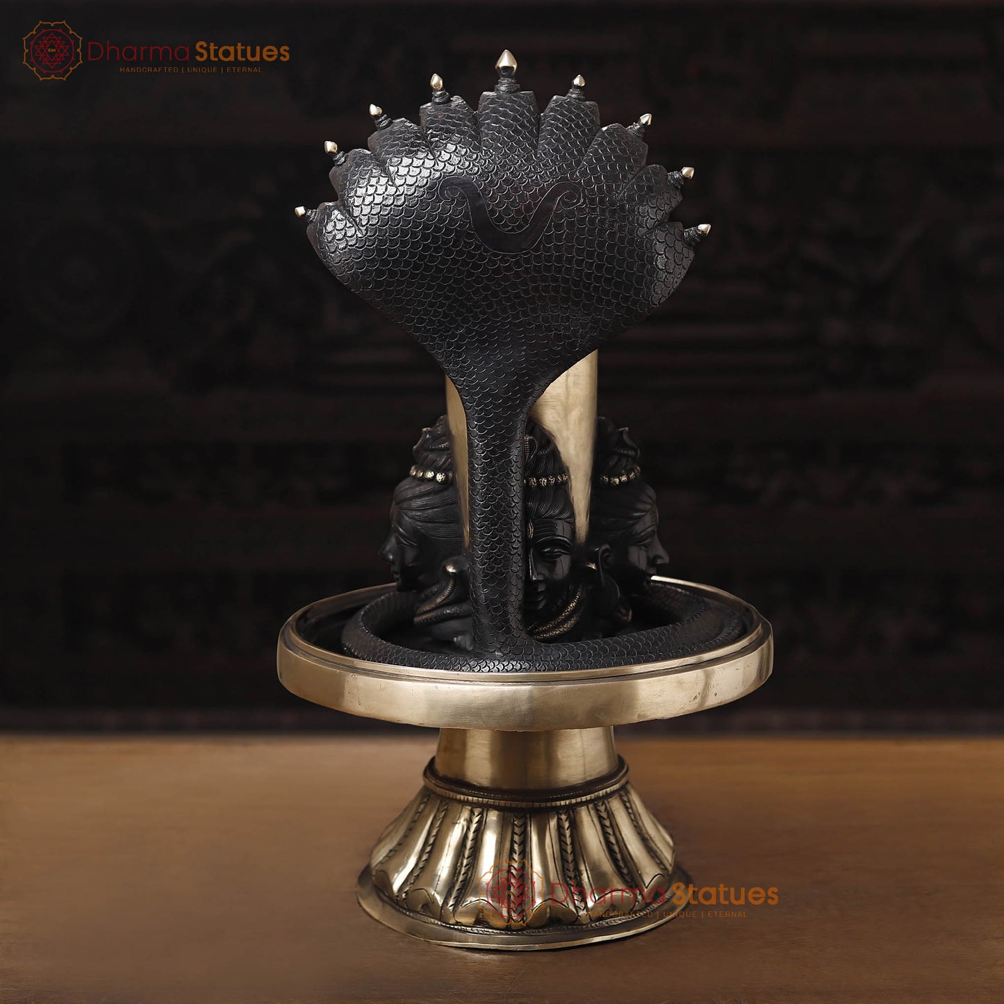Brass Shiv Lingam Idol with Vasuki and Shiva's Face, Divine Triad, Black Patina, 25"