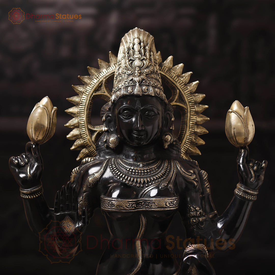 Brass Lakshmi Statue, Radiant Statue of Wealth and Abundance, Black and Gold Finish 51"