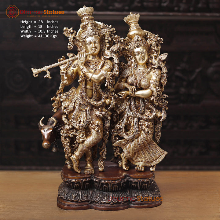 Brass Radha Krishna with Cow, Dance with Playing Flute. 28"