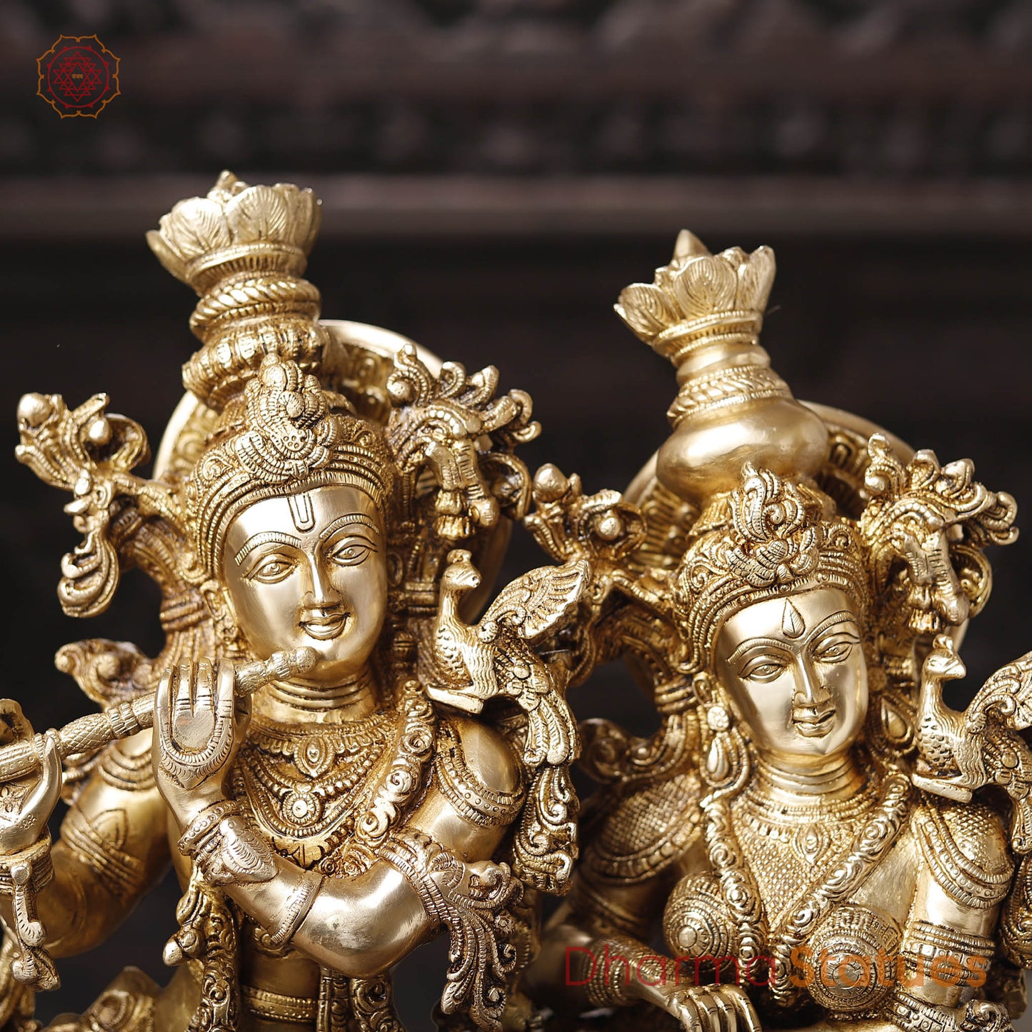 Brass Radha Krishna Idol with Cow, Playing Flute, Golden Finish with Copper Accents, 28"