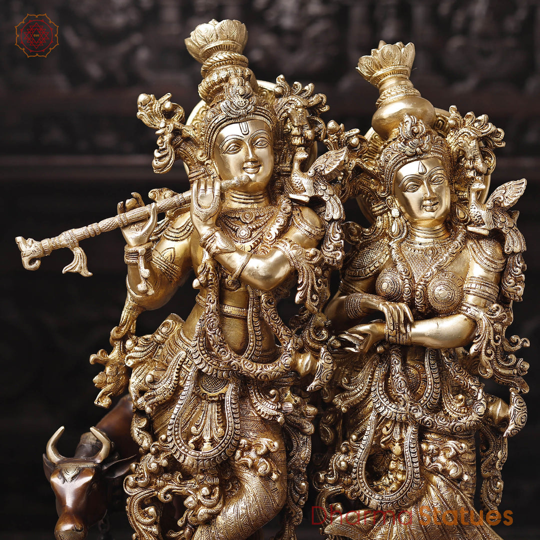 Brass Radha Krishna with Cow, Dance with Playing Flute. 28"