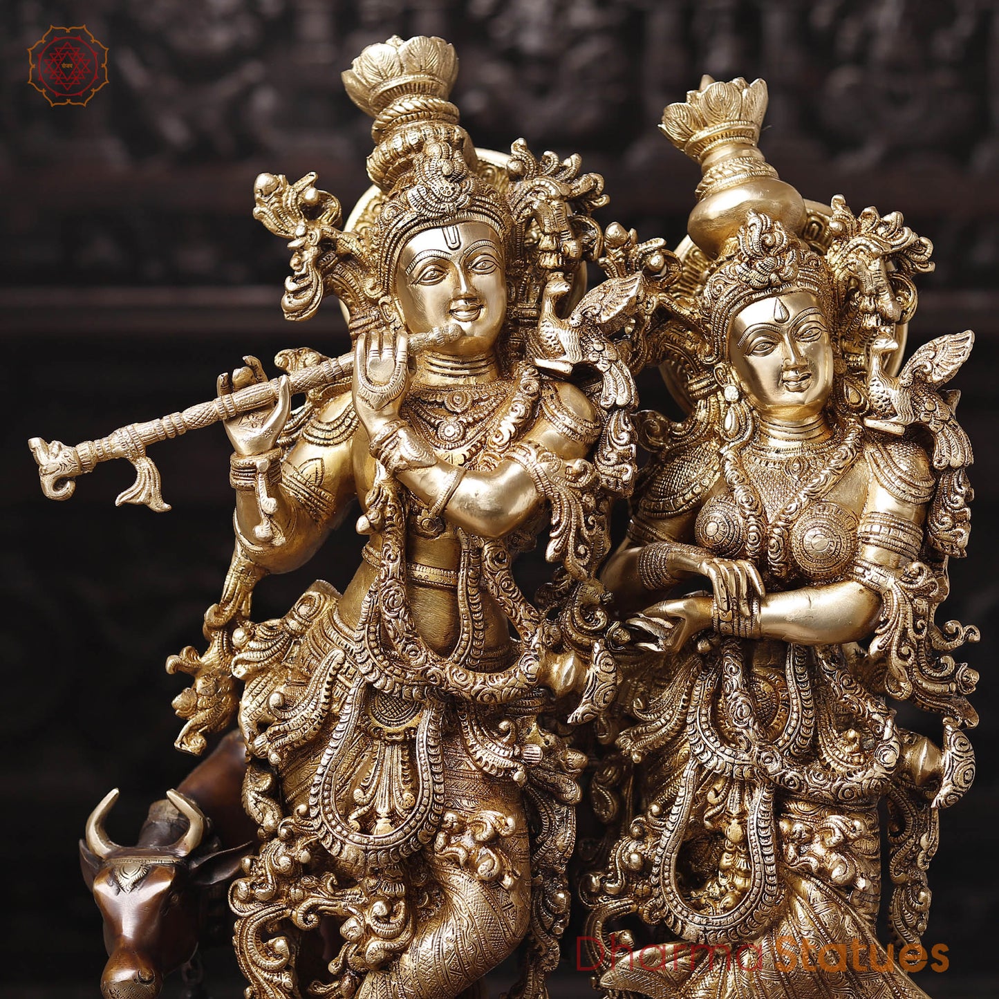 Brass Radha Krishna Idol with Cow, Playing Flute, Golden Finish with Copper Accents, 28"