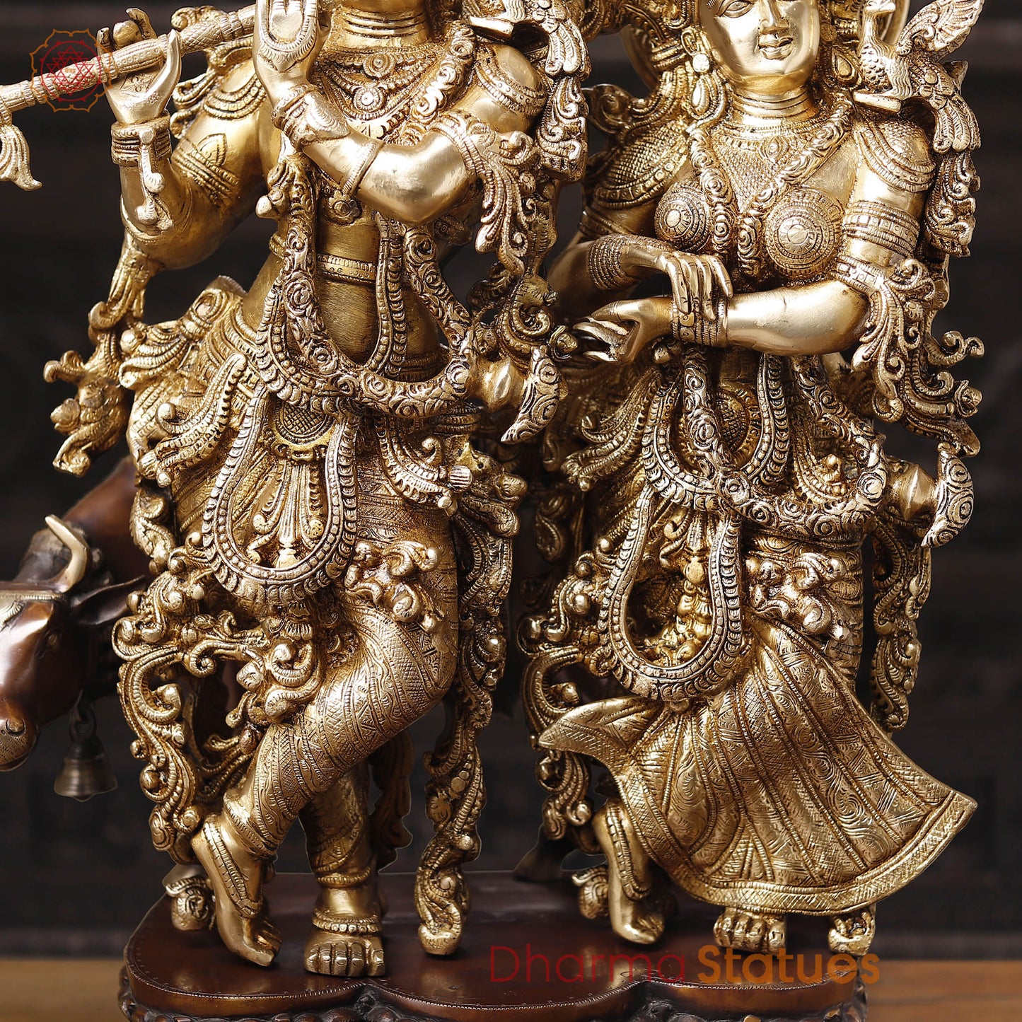 Brass Radha Krishna Idol with Cow, Playing Flute, Golden Finish with Copper Accents, 28"