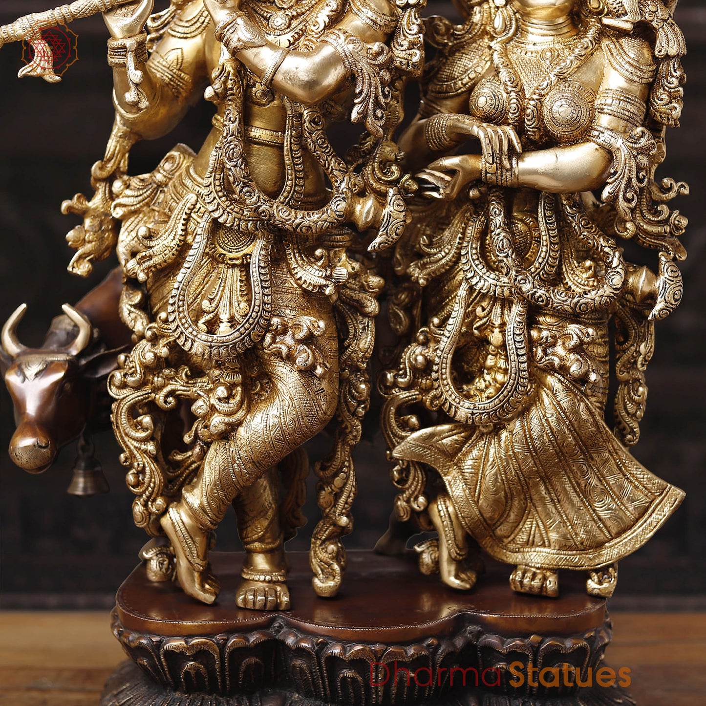 Brass Radha Krishna Idol with Cow, Playing Flute, Golden Finish with Copper Accents, 28"
