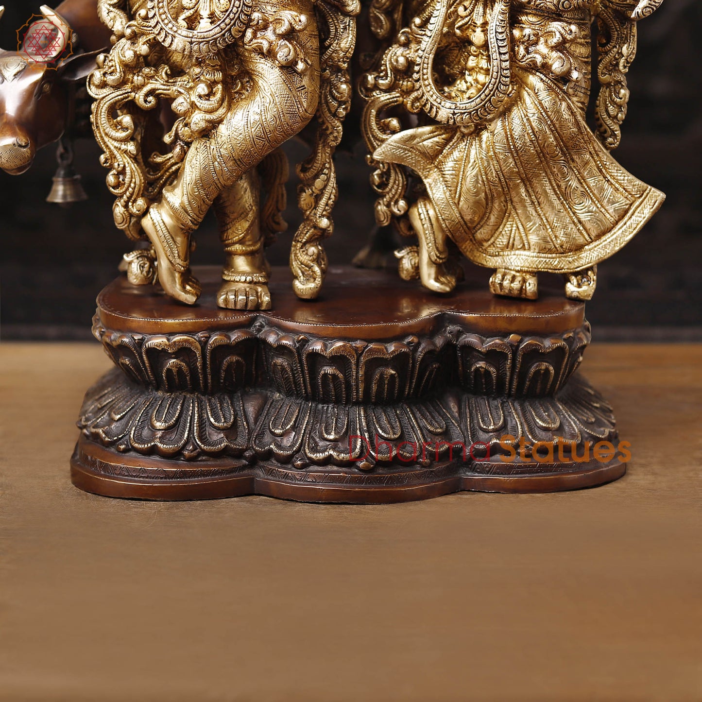 Brass Radha Krishna Idol with Cow, Playing Flute, Golden Finish with Copper Accents, 28"