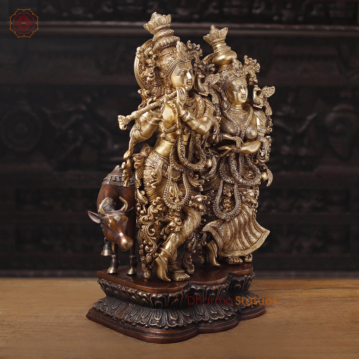 Brass Radha Krishna Idol with Cow, Playing Flute, Golden Finish with Copper Accents, 28"