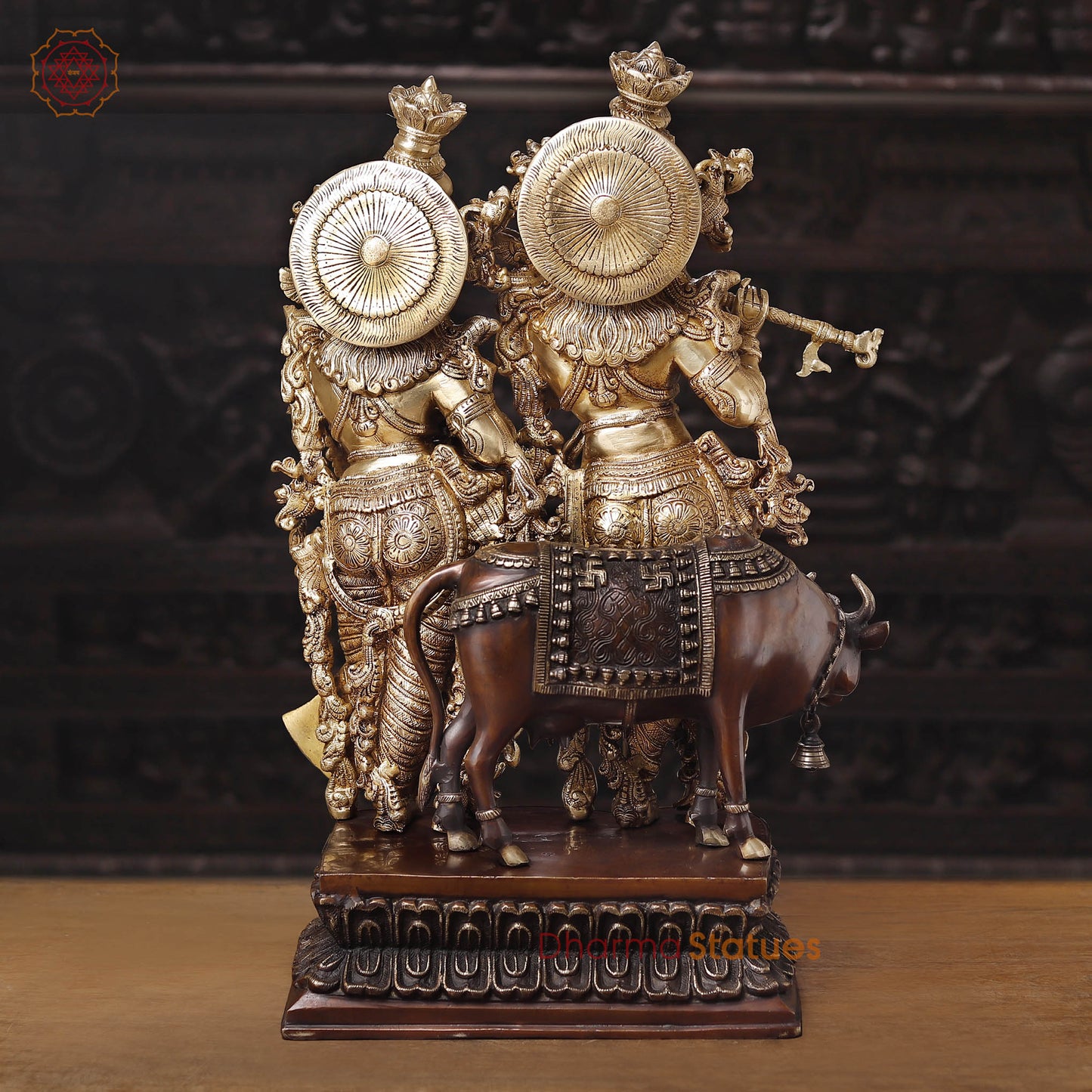 Brass Radha Krishna Idol with Cow, Playing Flute, Golden Finish with Copper Accents, 28"