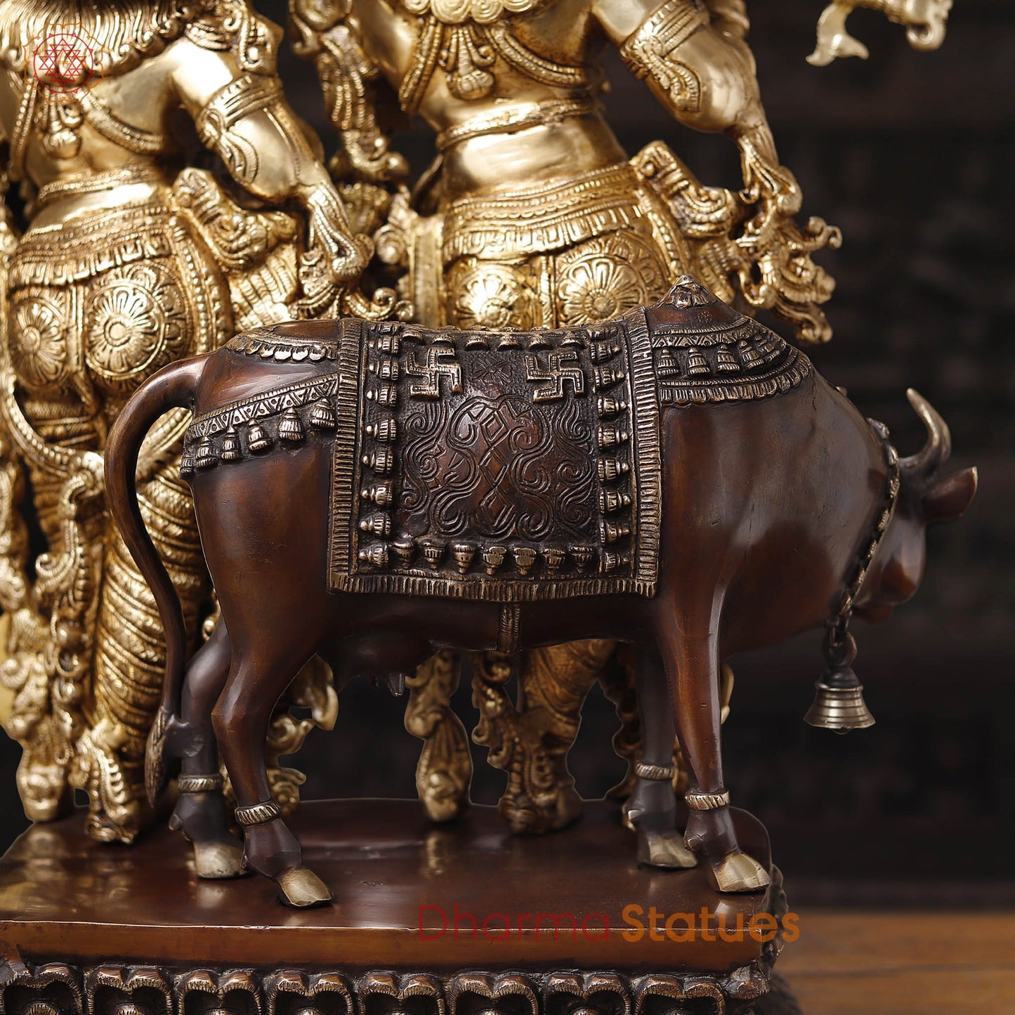 Brass Radha Krishna Idol with Cow, Playing Flute, Golden Finish with Copper Accents, 28"